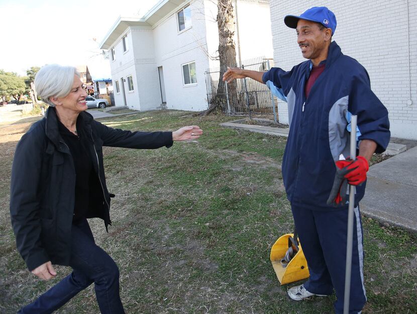 The Human Impact advocate Jennifer Jorns greets Willie Hodge as she stops by to visit him on...