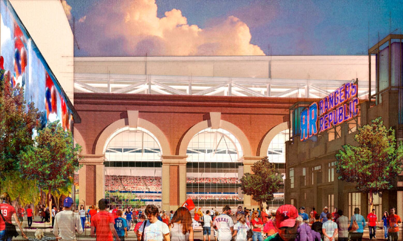 A rendering from architecture firm HKS showing what the new Texas Rangers ballpark might...