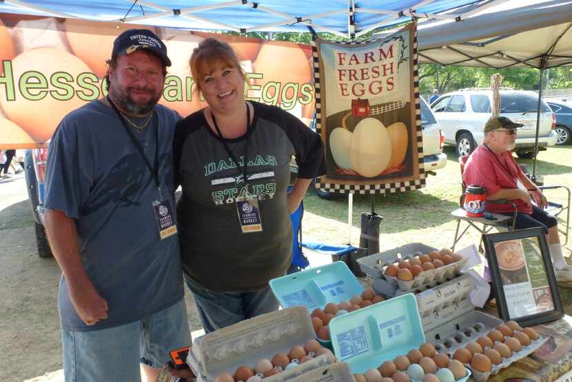 Sean and Cheryl Averitt of Hesse Farms pasture raised chicken eggs at Farmers Branch Market.