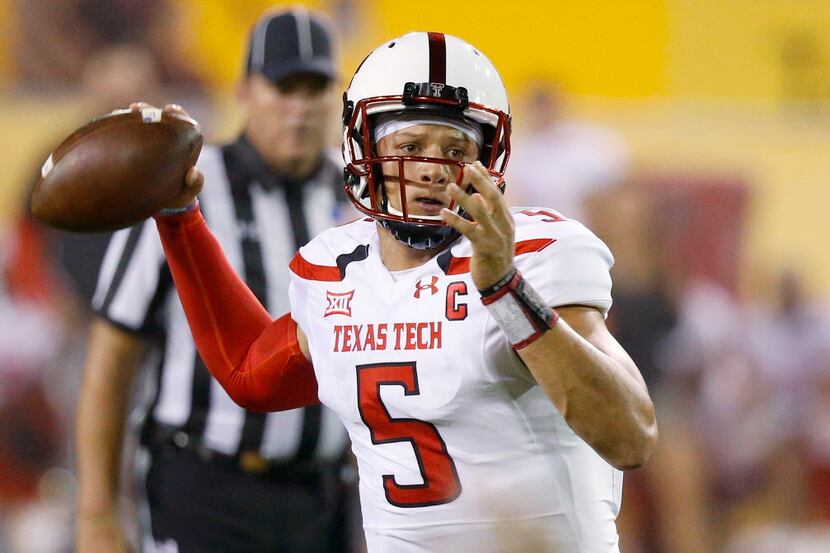 FILE - In this Sept. 10, 2016, file photo, Texas Tech's Patrick Mahomes looks to pass...