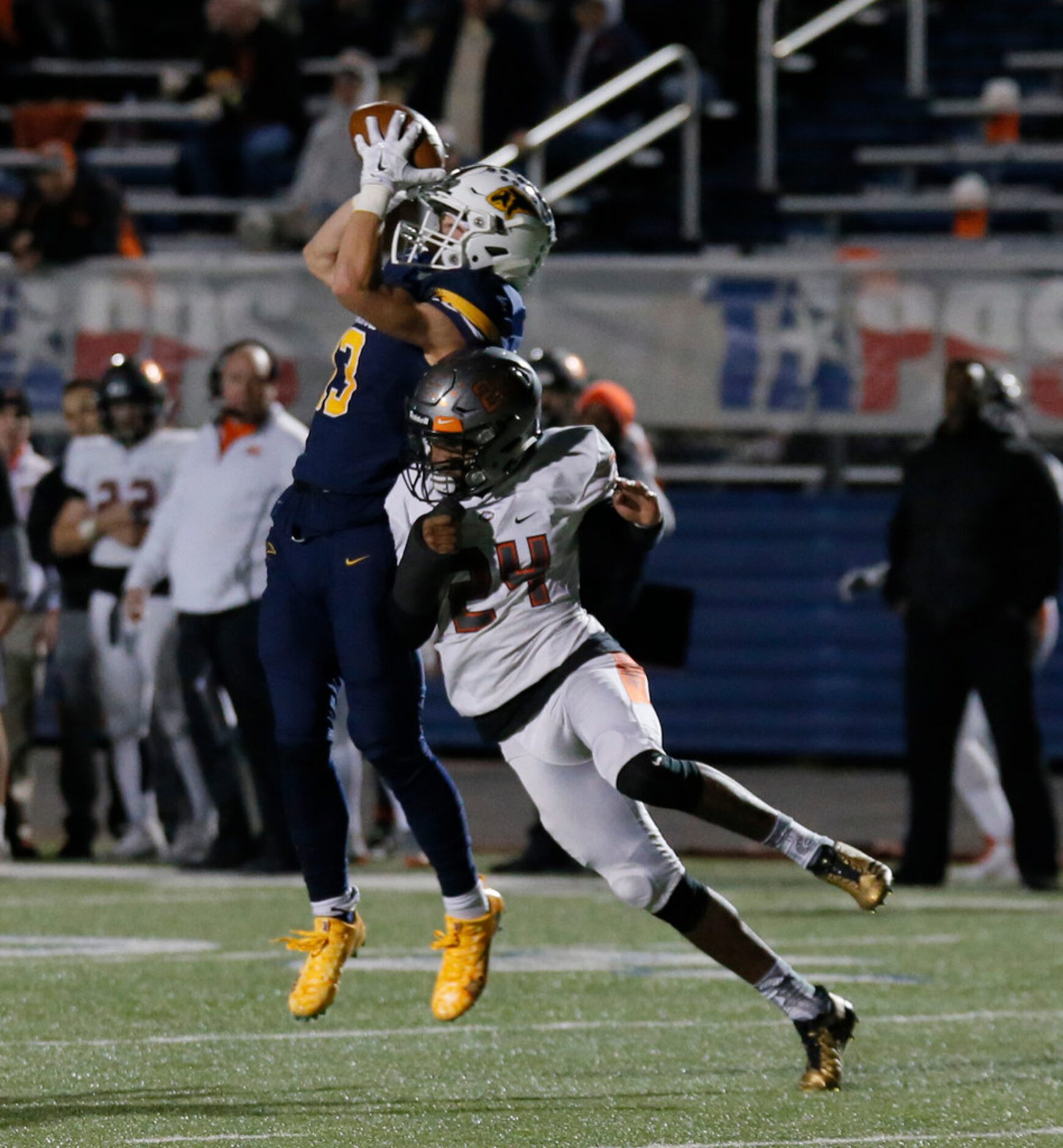 Prestonwood Christian Academy Luke Savege (13) catches a pass for a first down, tackled by...