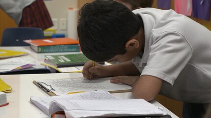 Good Shepherd Episcopal School third-grader Ahan Jain writes to his pen pal Nancy Miller, a...