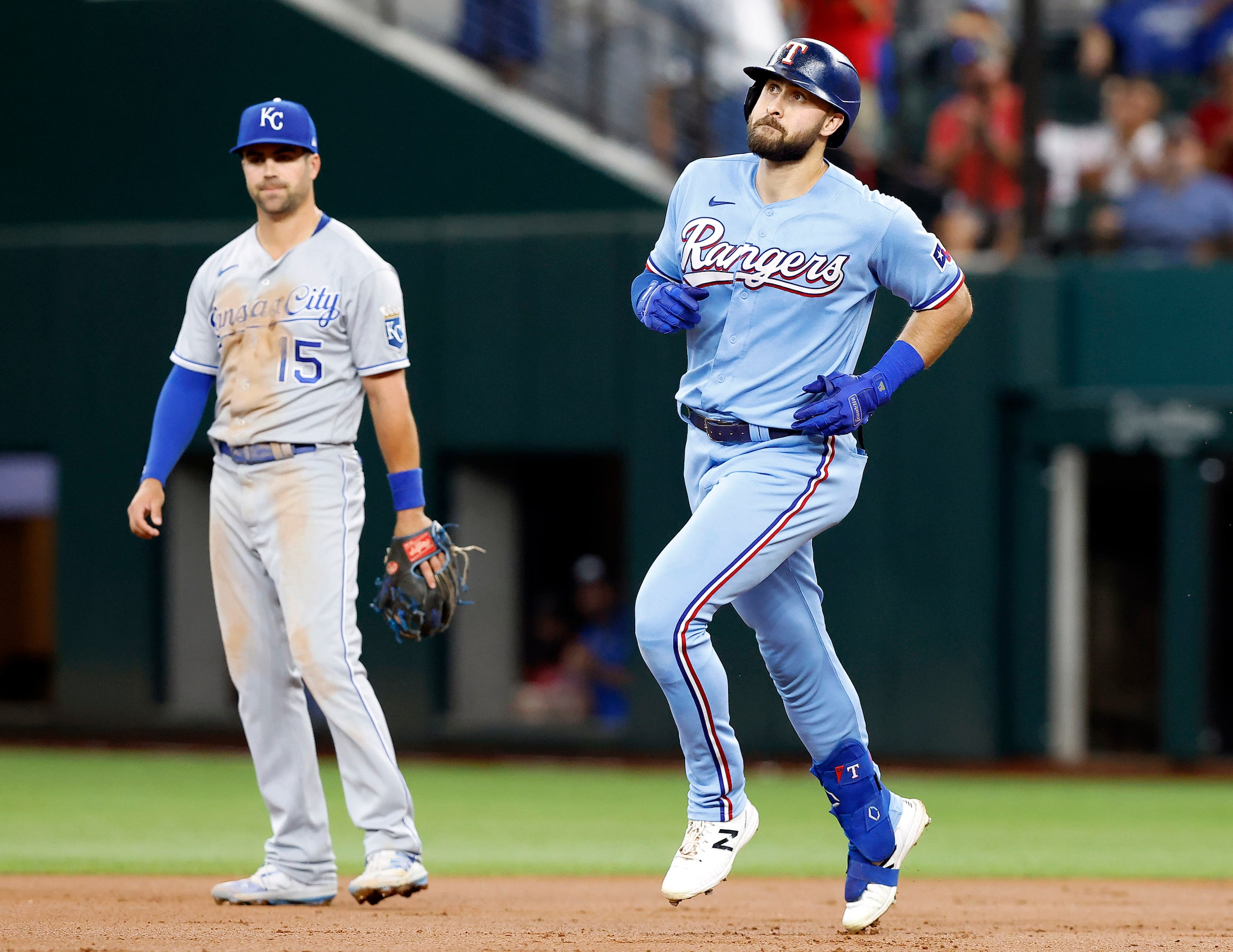 Texas Rangers batter Joey Gallo (13) rounds the bases after his two-run homer to left field...