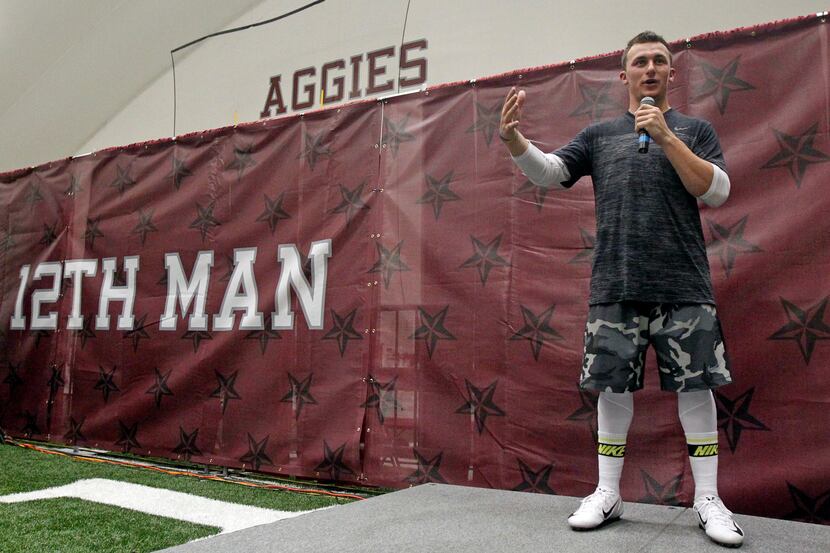 Former Texas A&M QB Johnny Manziel talks to the media after he worked out for NFL teams on...