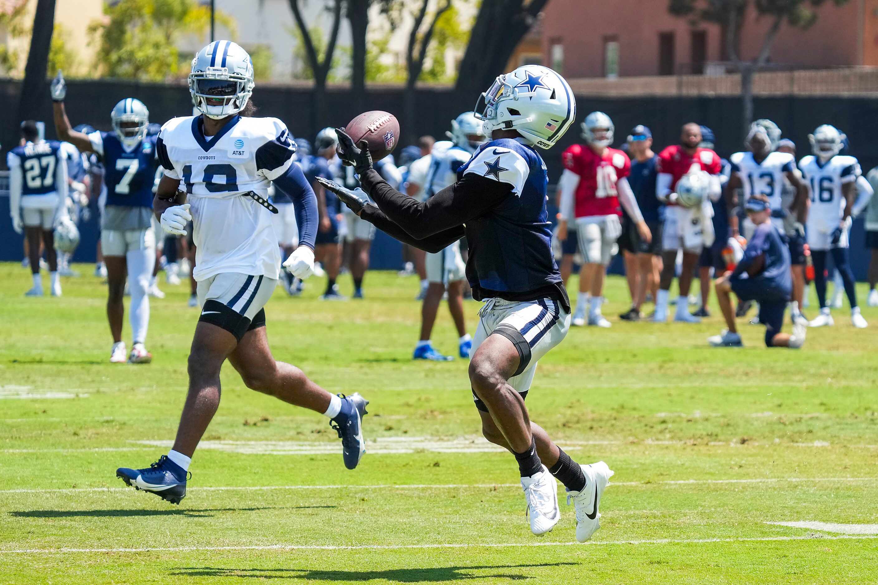 Dallas Cowboys cornerback Kelvin Joseph (1) intercepts a pass intended for wide receiver...