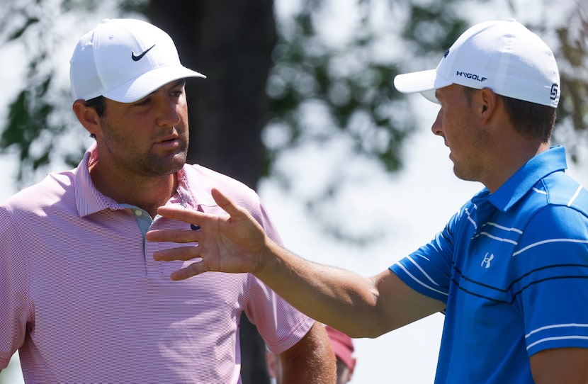 Jordan Spieth, right, speaks to Scottie Scheffler during the second round of AT&T Byron...