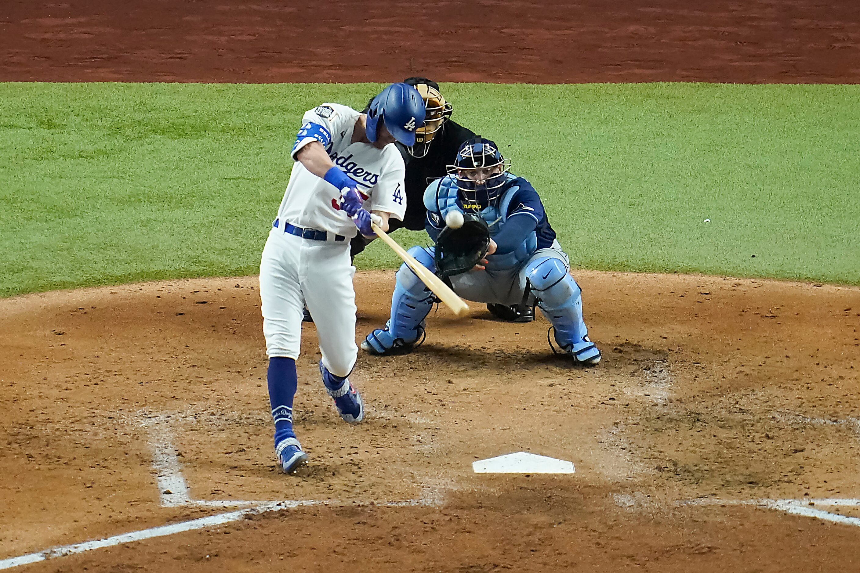 Los Angeles Dodgers center fielder Cody Bellinger hits a 2-run home run as Tampa Bay Rays...