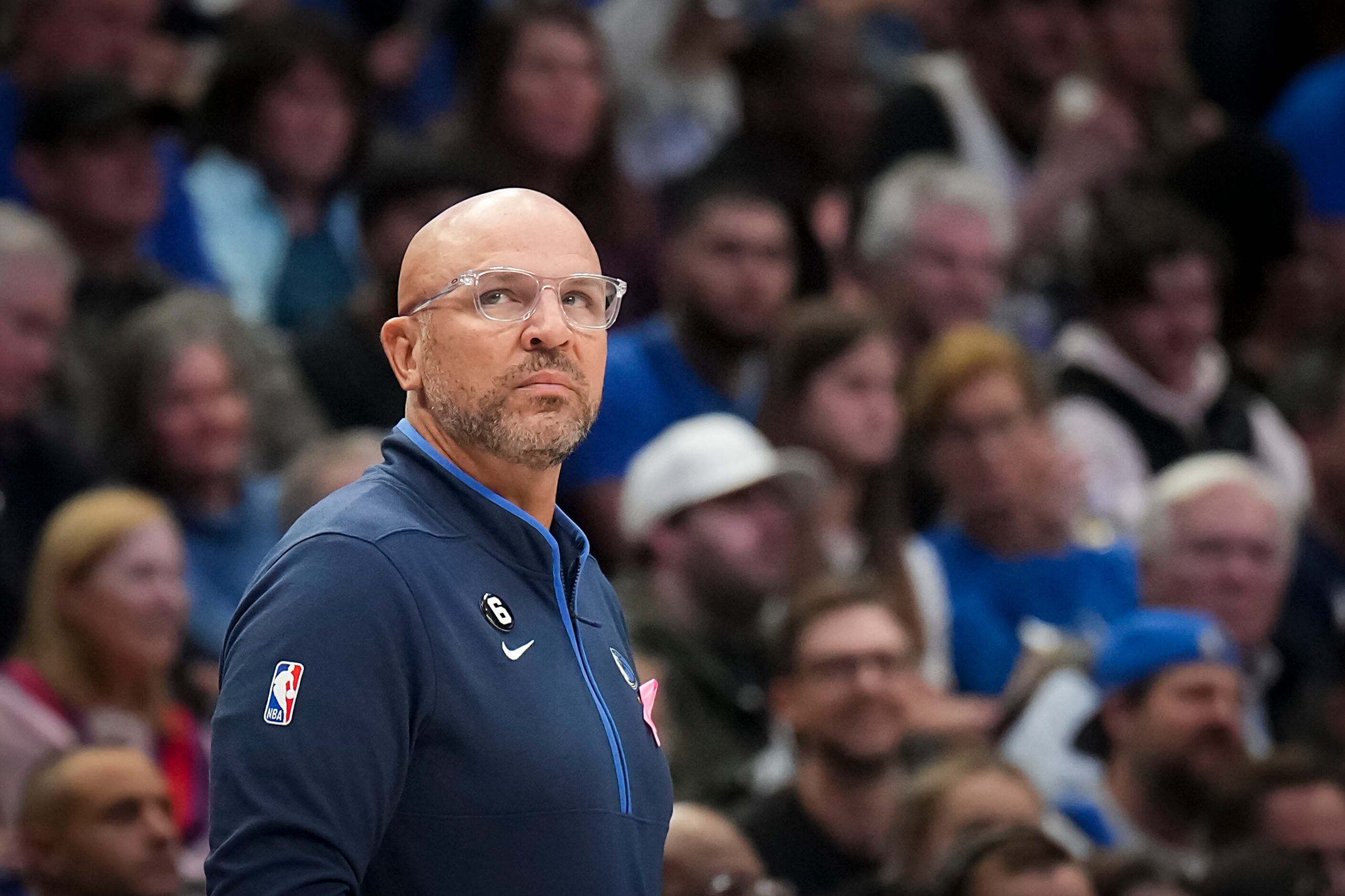 Dallas Mavericks coach Jason Kidd looks on during the first half of an NBA basketball game...