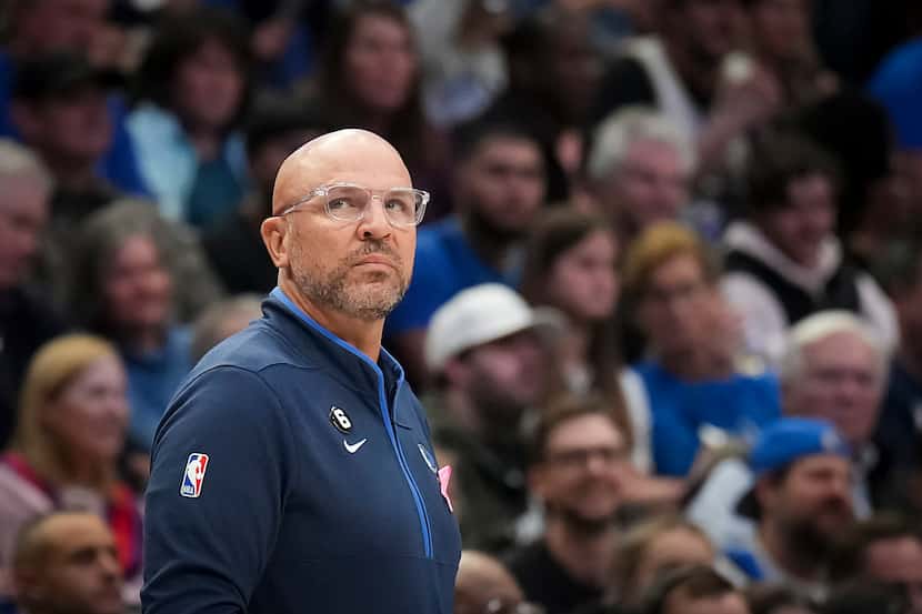 Dallas Mavericks coach Jason Kidd looks on during the first half of an NBA basketball game...