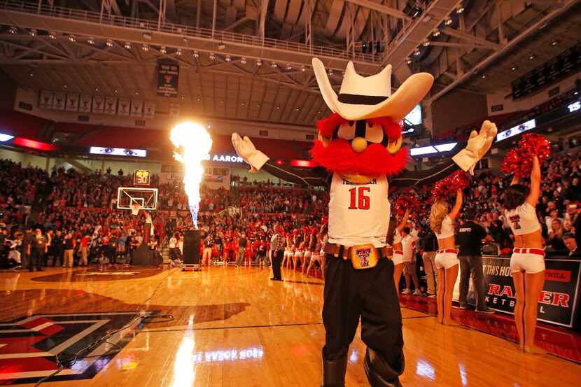 Texas Tech mascot Raider Red raises his arms in the air as the starting lineups are...