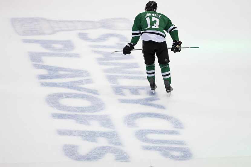 Dallas Stars center Mattias Janmark skates off the ice at the end of the second period of...