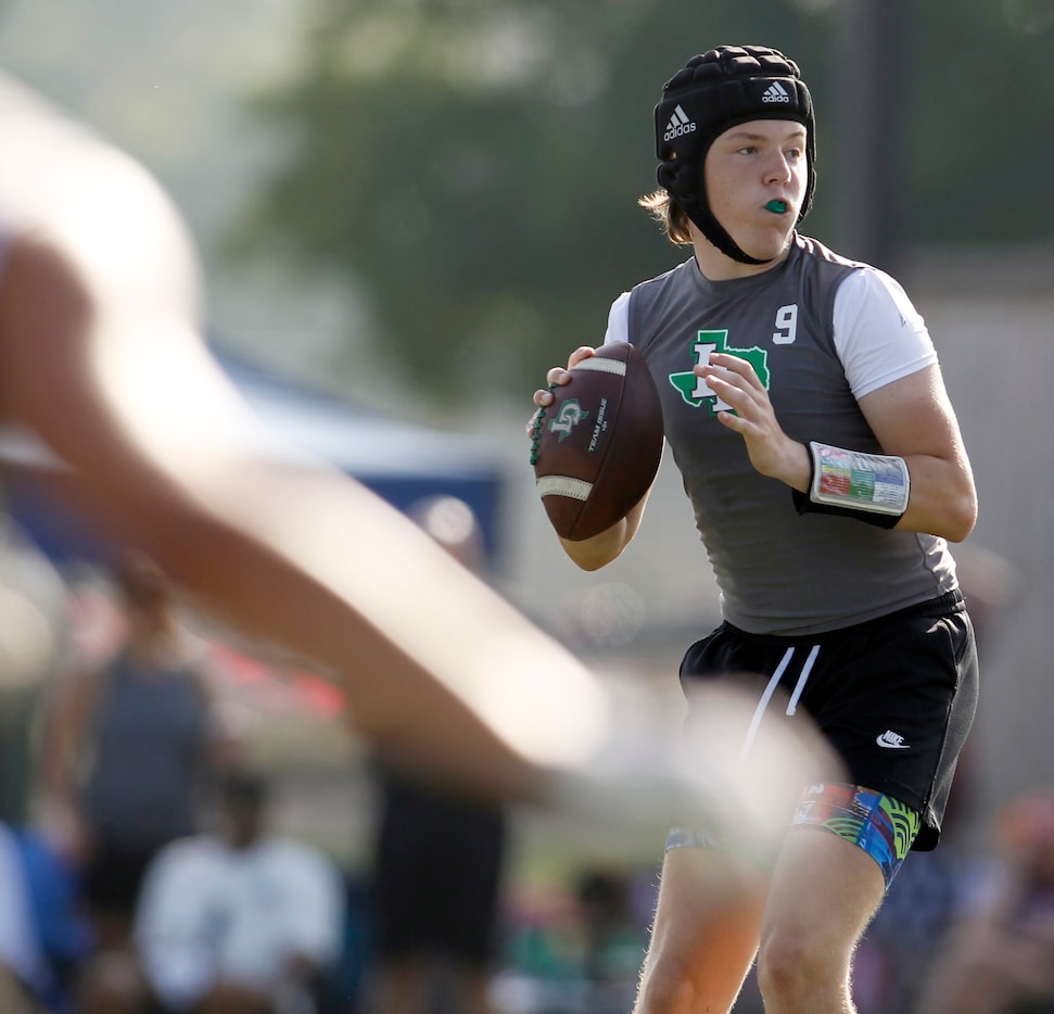 Lake Dallas quarterback Thomas Adams (9) looks for a receiver downfield during pool play...