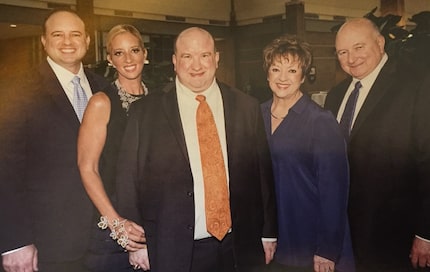 Family photos of three men and two women posing, dressed in formal attire for an event.