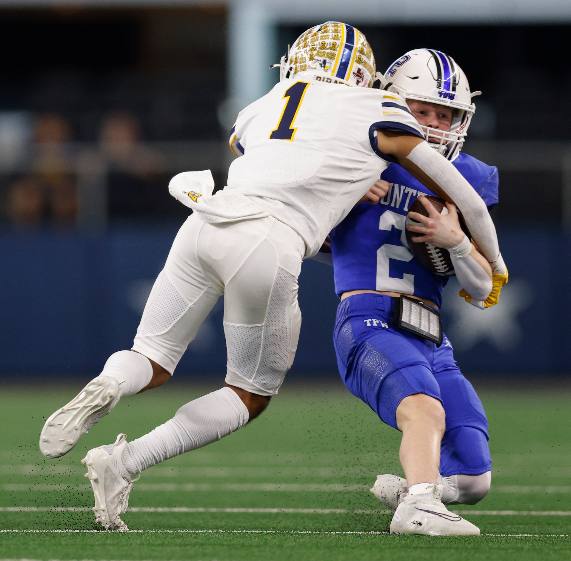 Poth defensive back Aidan DeHoyos (1) tackles Gunter quarterback Walker Overman (2) during...