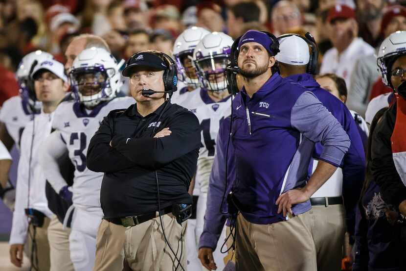 TCU head coach Gary Patterson looks up at the scoreboard after a Oklahoma touchdown with...