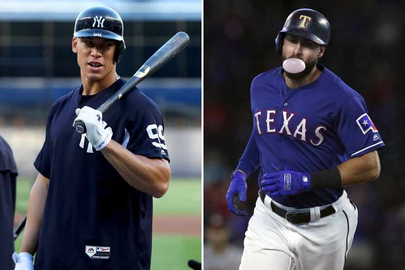 FILE PHOTOS -- Yankees' Aaron Judge (left), Rangers' Joey Gallo (right) 