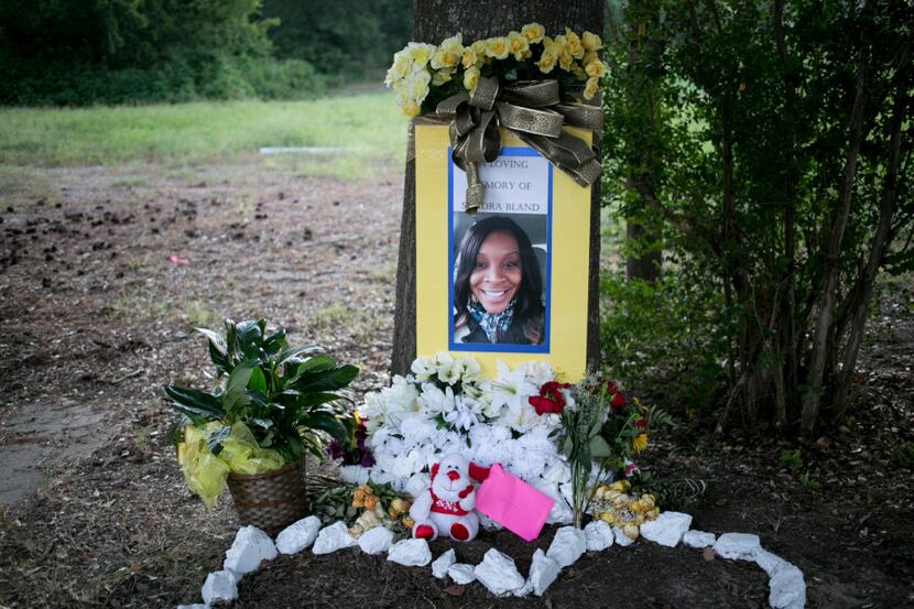 A memorial to Sandra Bland marked the site of her arrest in Prairie View in July 2015.
