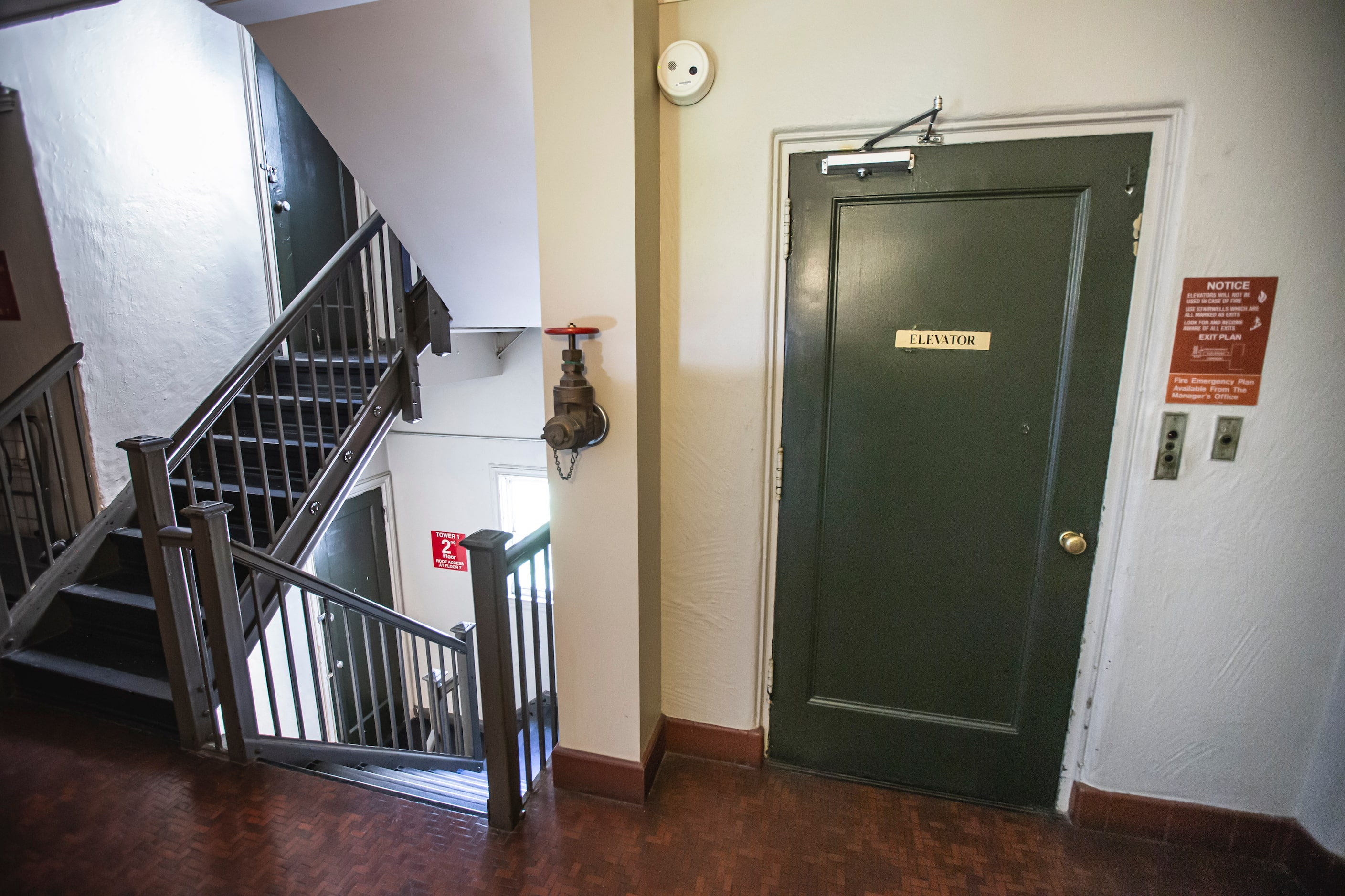 One of the elevators, which has been out of service for about a year, at the historic Maple...