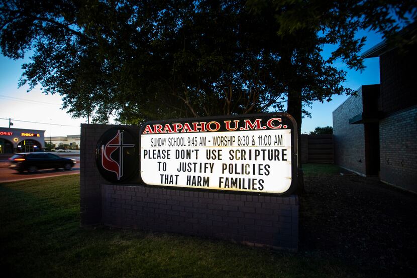 A sign at Arapaho United Methodist Church in Richardson reads: "Please don't use scripture...