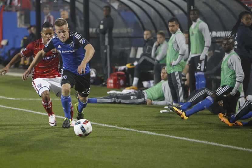 Earthquakes Tommy Thompson 22 drives the ball during action between FC Dallas vs San Jose at...