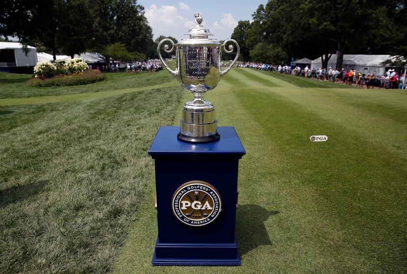 The Wanamaker Trophy is seen during the first round of the PGA Championship golf tournament...