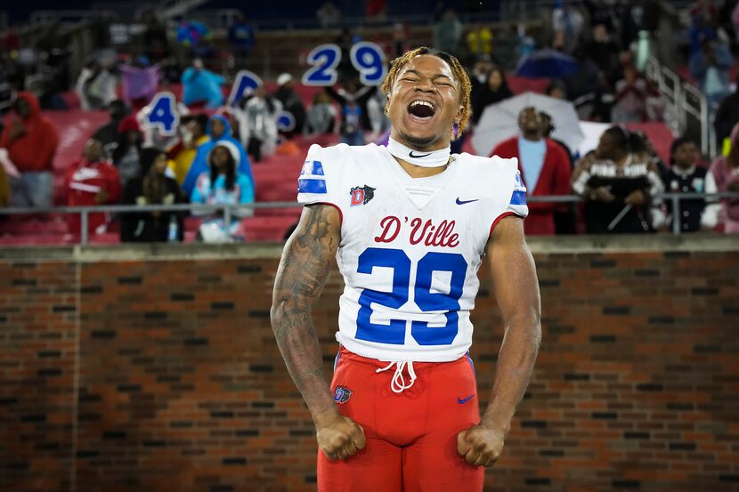 Duncanville running back Caden Durham (29) celebrates on the sidelines during the second...