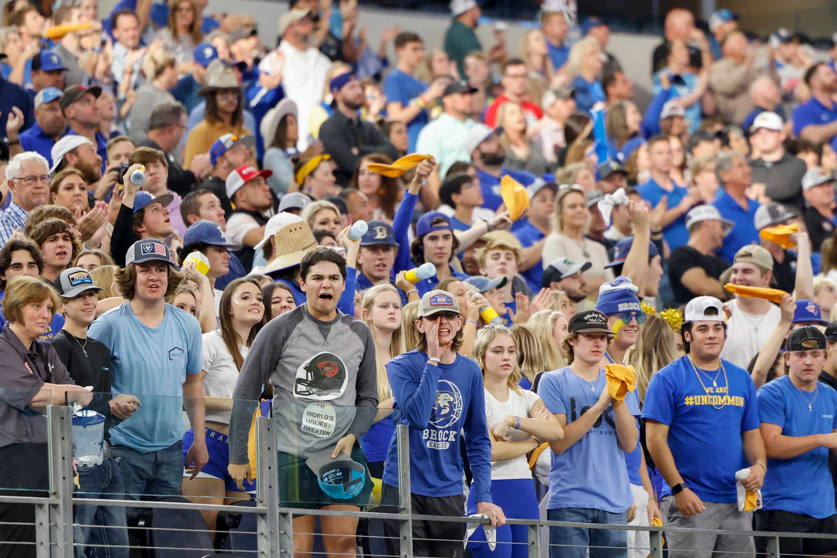 Brock fans celebrate after a sack during the first quarter of their Class 3A Division I...