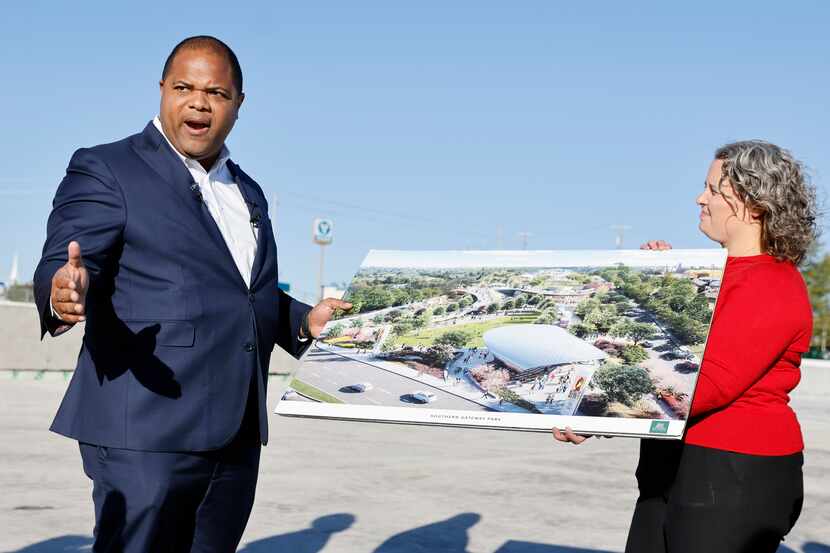 Dallas Mayor Eric Johnson talks towards the media about the future Southern Gateway Park on...