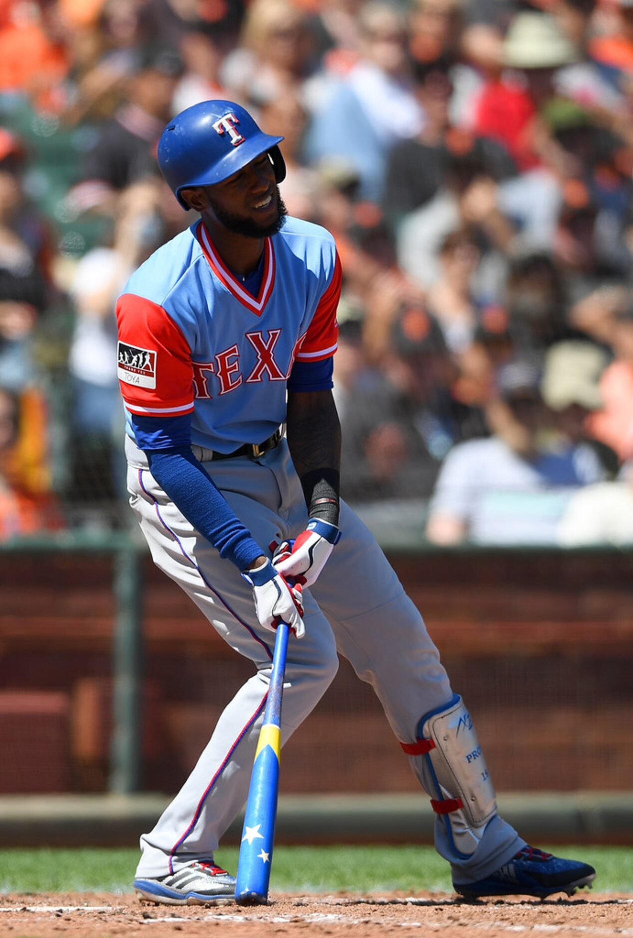 SAN FRANCISCO, CA - AUGUST 25:  Jurickson Profar #19 of the Texas Rangers reacts after...