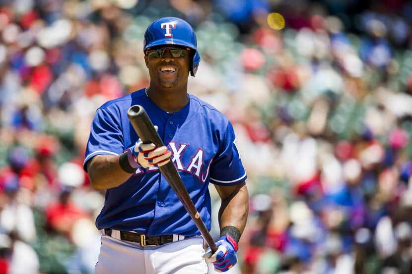 Texas Rangers third baseman Adrian Beltre steps into the batters box during the third inning...