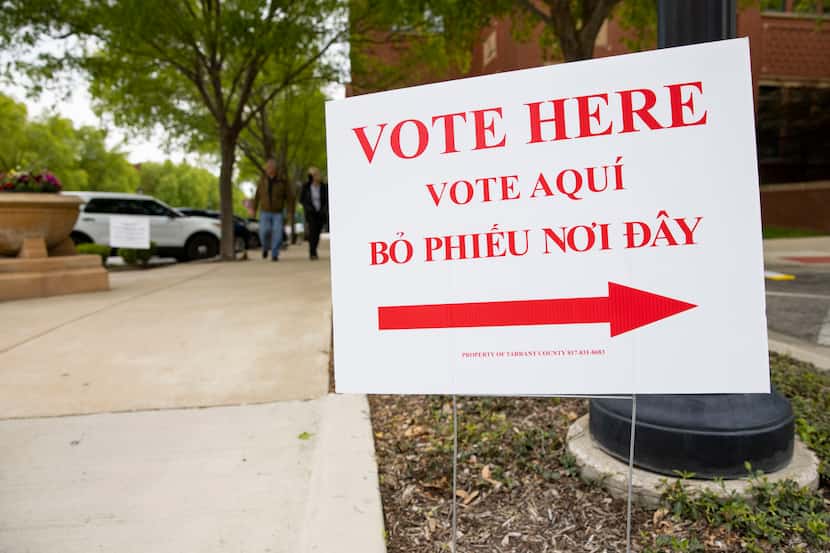 A vote here sign outside of Southlake Town Hall on Wednesday, April 21, 2021, in Southlake....