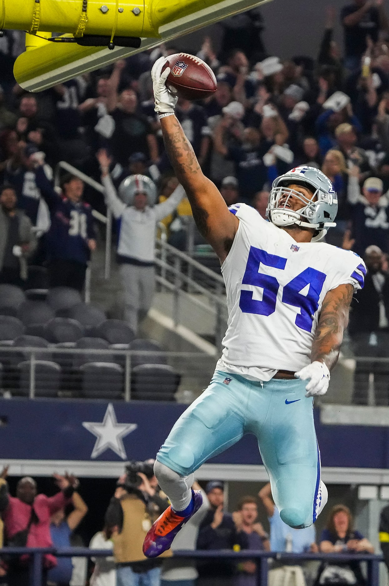 Dallas Cowboys defensive end Sam Williams celebrates after recovering a fumble during the...