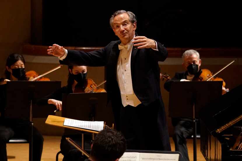 Conductor Fabio Luisi, shown directing the Dallas Symphony Orchestra April 1, 2021, will...