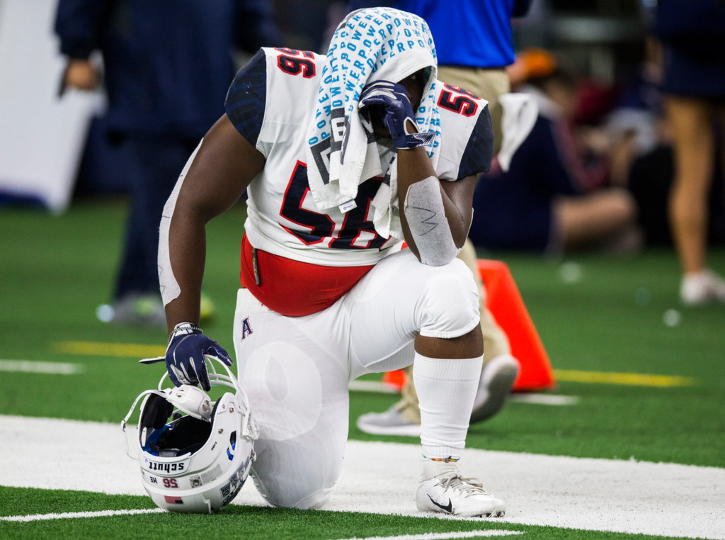 Allen defensive lineman Kenatah Carter (56) reacts to a 60-59 loss to Rockwall in a Class 6A...