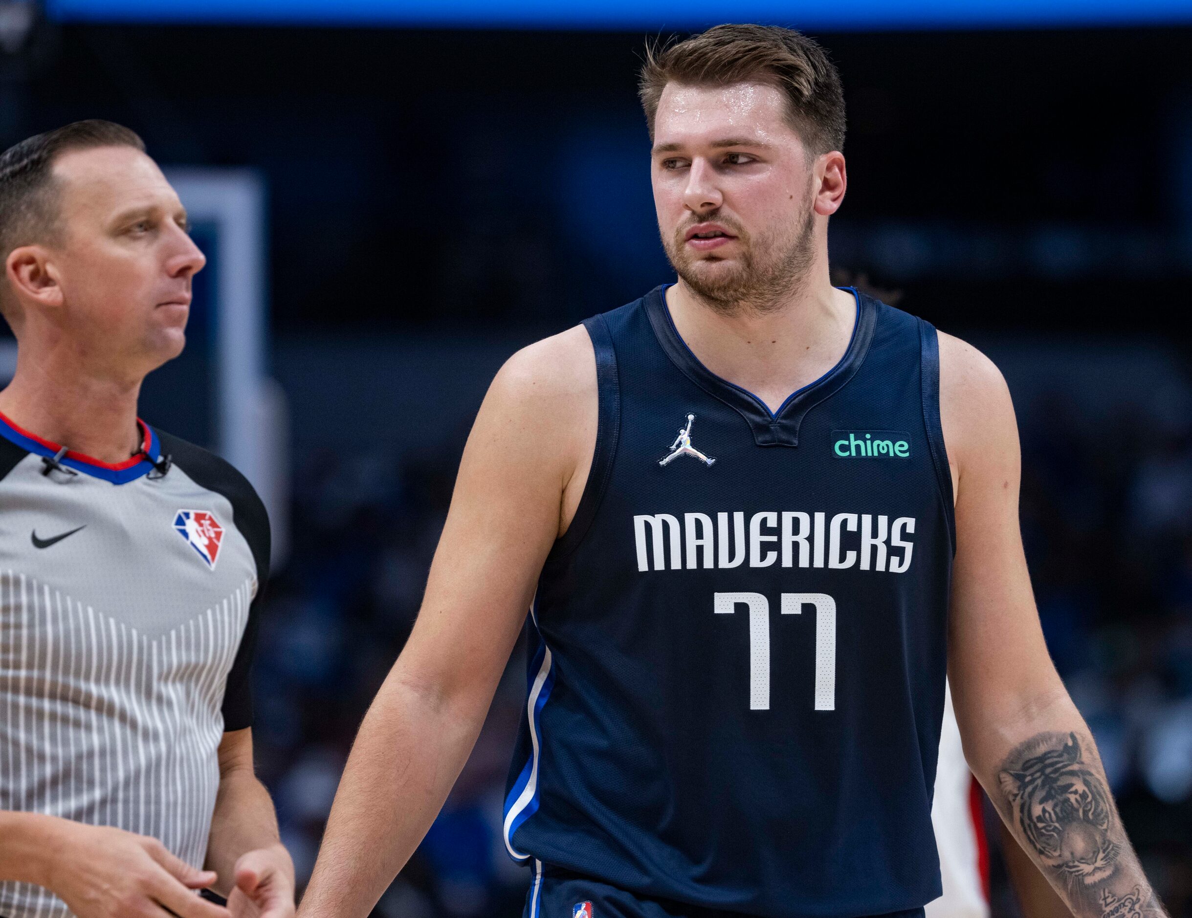 Dallas Mavericks guard Luka Dončić (77) argues a call during the first quarter of the Dallas...