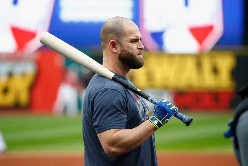 CLEVELAND, OH - NOVEMBER 01:  Mike Napoli #26 of the Cleveland Indians looks on during...