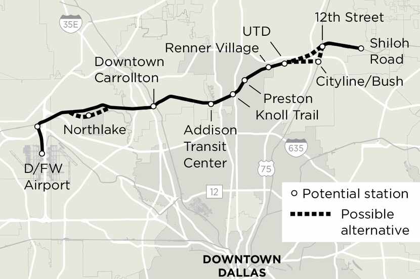 Plans for the Cotton Belt line would run trains from DFW International to eastern Plano....