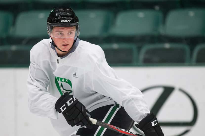FILE - Thomas Harley (5) participates in a drill during Stars prospect camp on Tuesday, June...