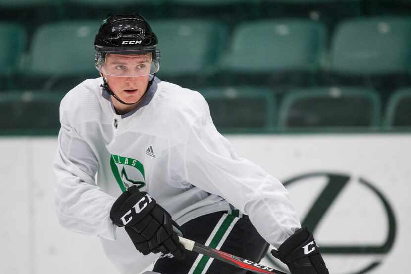 Thomas Harley (5) participates in a drill during Dallas Stars prospect camp on Tuesday, June...