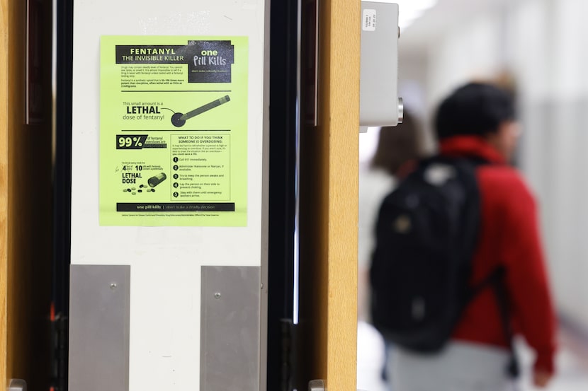 A poster explaining the dangers of fentanyl hung on a hallway wall at Turner High School in...