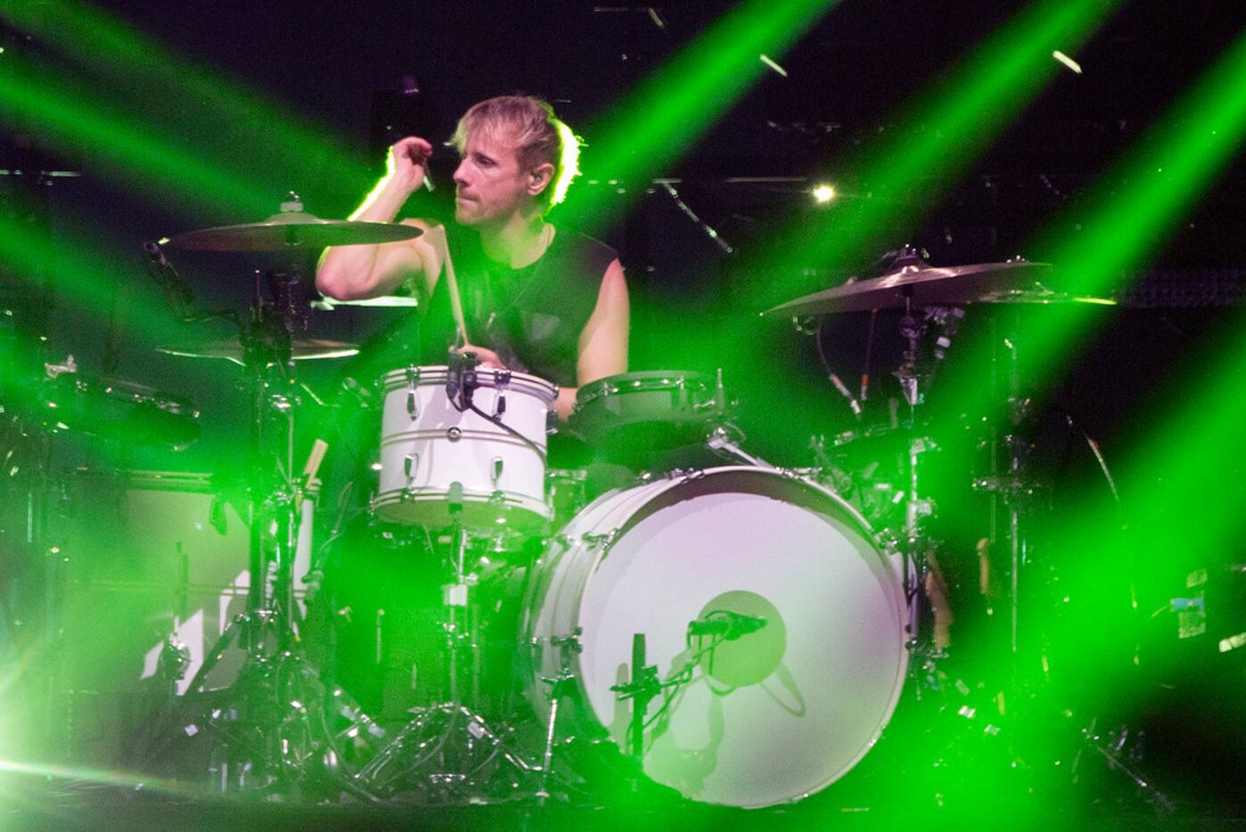 Muse's drummer Dominic Howard plays during the band's Simulation Theory world tour at the...