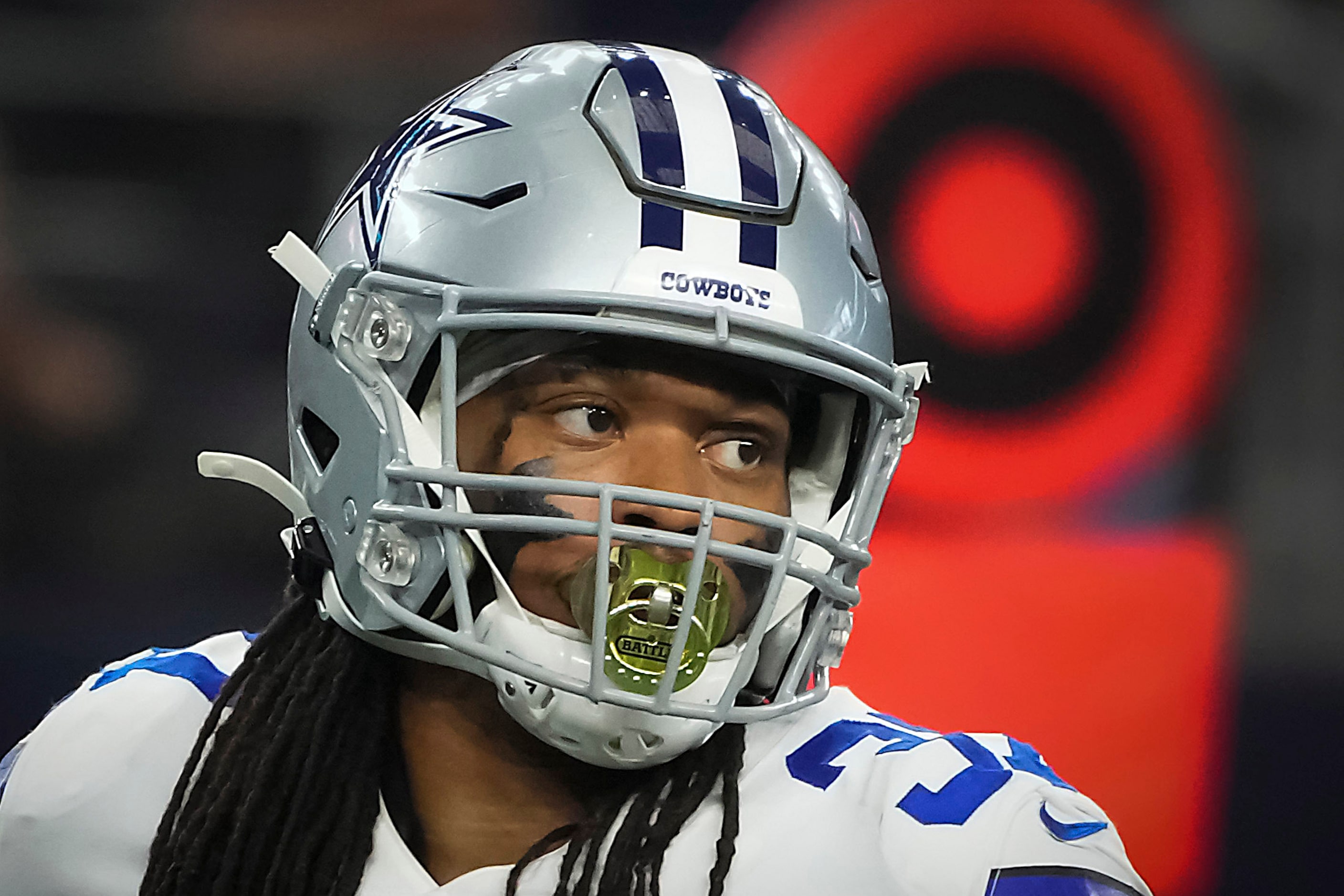 Dallas Cowboys running back JaQuan Hardy (37) returns to the huddle between plays during the...