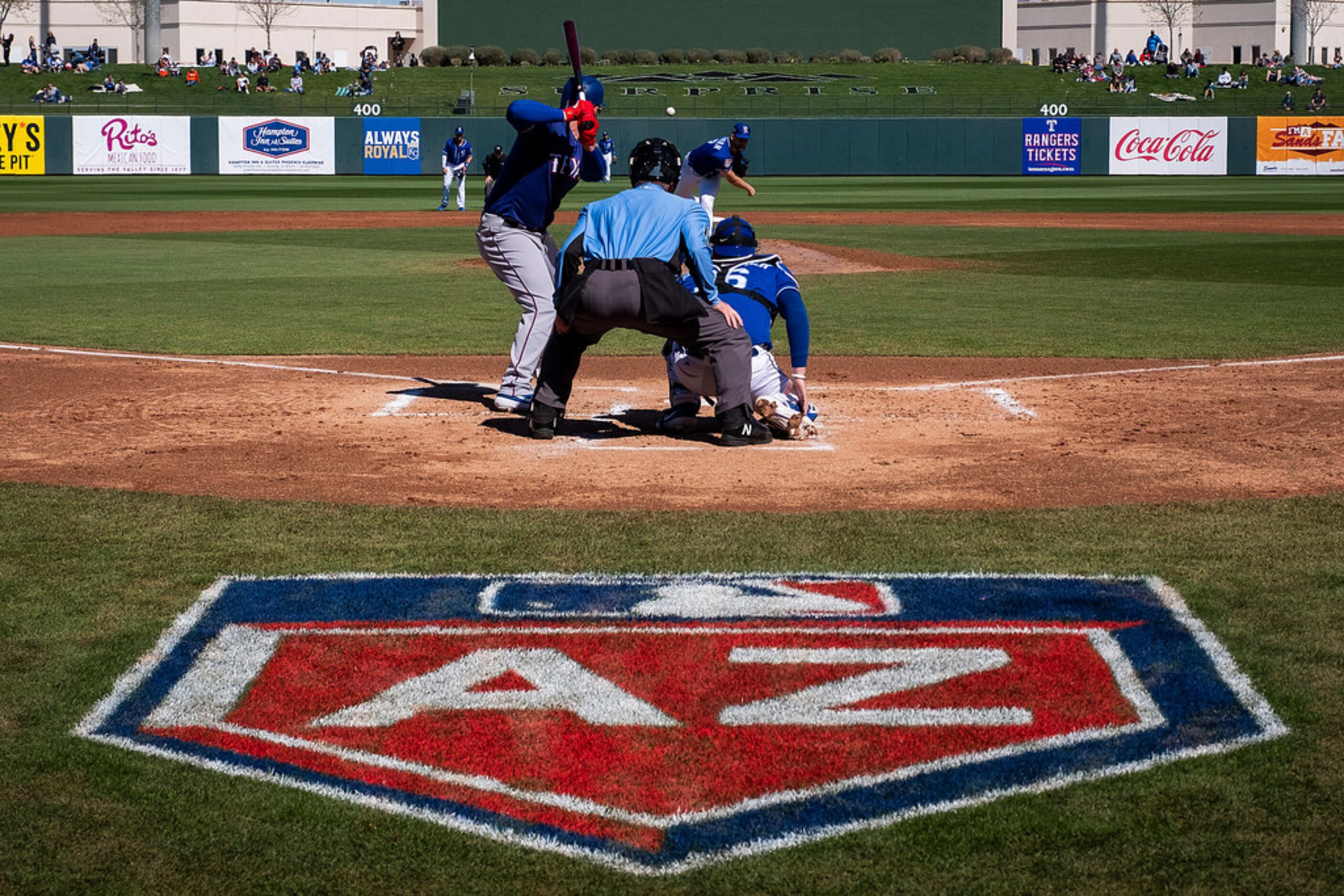 Texas Rangers infielder Matt Davidson bats against Kansas City Royals starting pitcher Glenn...