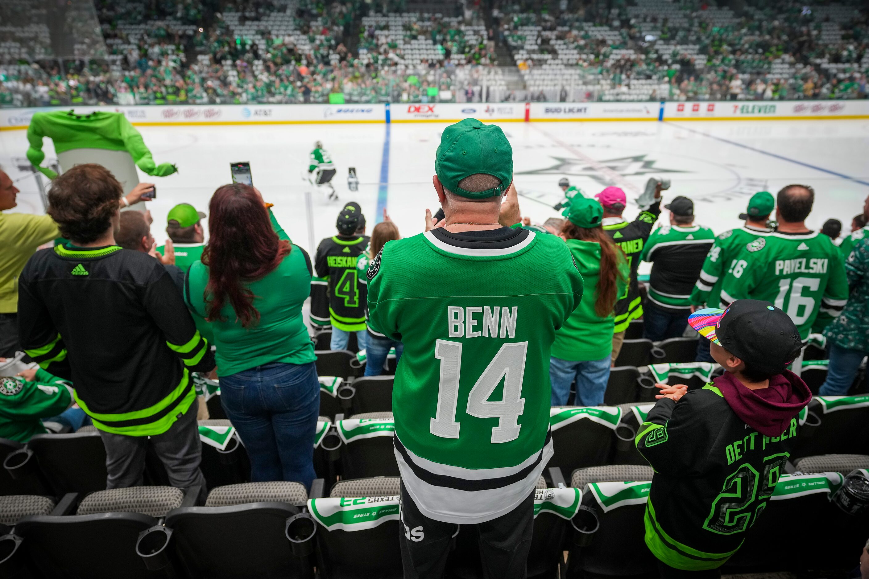 A Dallas Stars fan wears a #14 jersey of left wing Jamie Benn as the team warms up before...