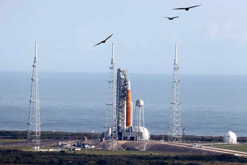NASA's New Moon rocket is seen at Launch Pad 39B as preparations for launch continue at the...