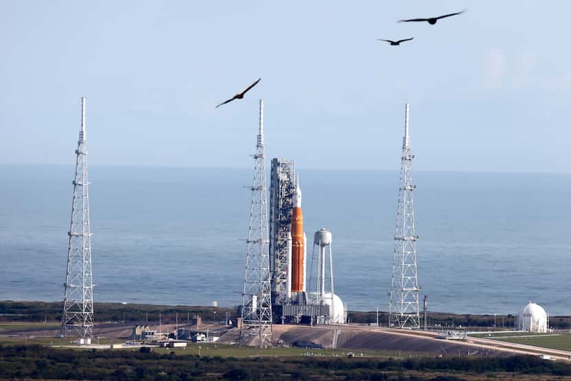 NASA's New Moon rocket is seen at Launch Pad 39B as preparations for launch continue at the...
