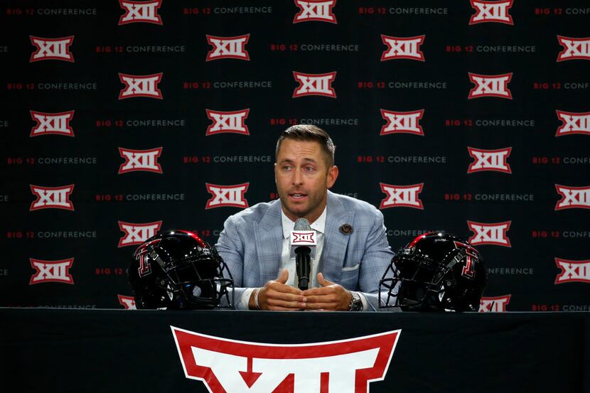 Texas Tech head football coach Kliff Kingsbury speaks during a press conference at the Big...