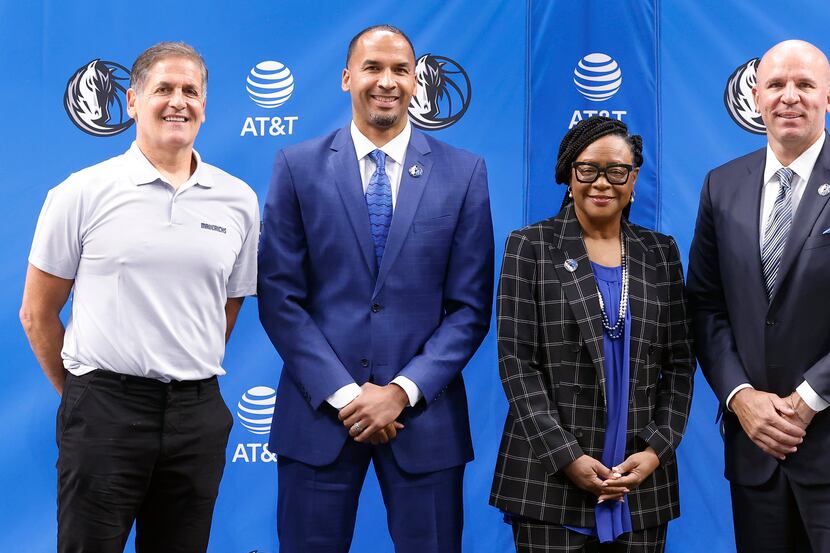 (from left) Dallas Mavericks owner Mark Cuban, new general manager Nico Harrison, CEO Cynt...