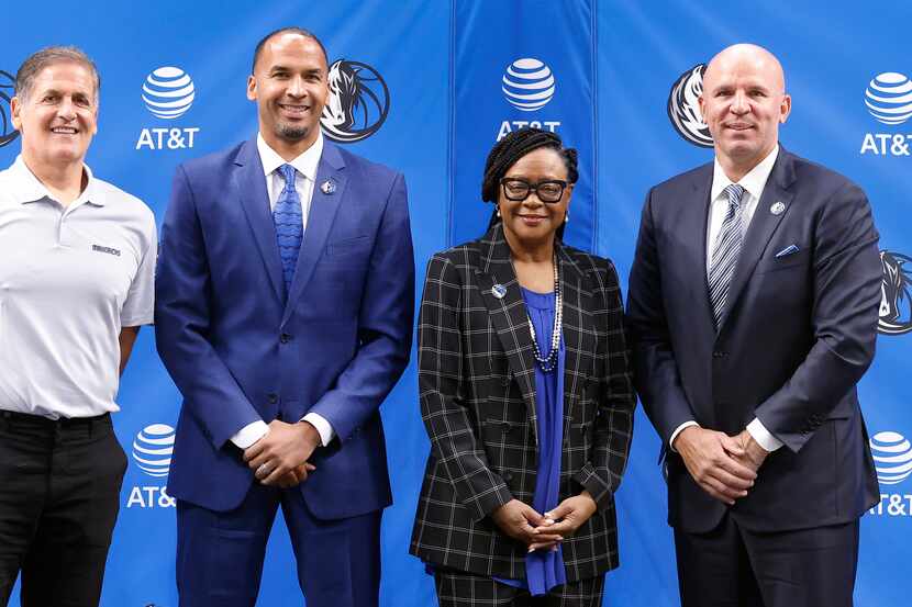 (from left) Dallas Mavericks owner Mark Cuban, new general manager Nico Harrison, CEO Cynt...