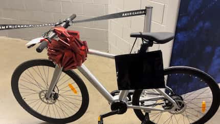 A Luka Doncic-gifted bicycle sits at American Airlines Center on Saturday, Dec. 23, 2023....